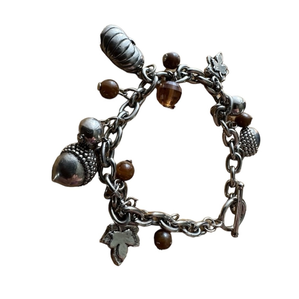 Vintage Silver Autumn Charm Bracelet Pumpkin Acorn Maple Leaf